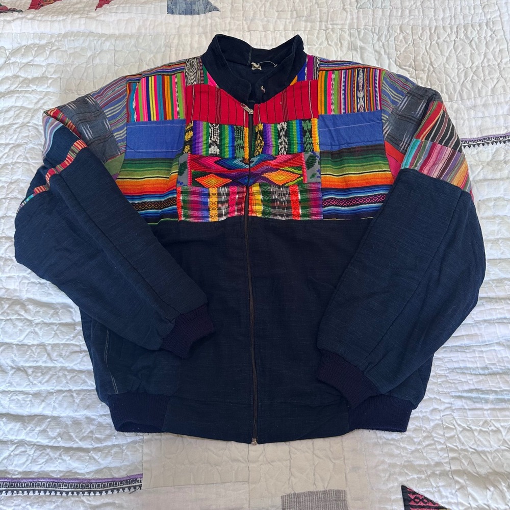 Mayaquill Patchwork Bomber Jacket Navy Blue Multi XL‎ Handmade Guatemala Cotton